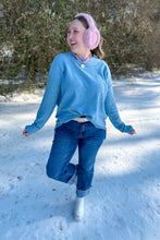 Load image into Gallery viewer, Light blue oversized sweater front tuck full body view