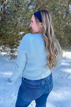 Load image into Gallery viewer, Icy Blue Bell Sleeve Ribbed Knit Mockneck Top back view