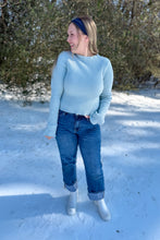 Load image into Gallery viewer, Icy Blue Bell Sleeve Ribbed Knit Mockneck Top full body view