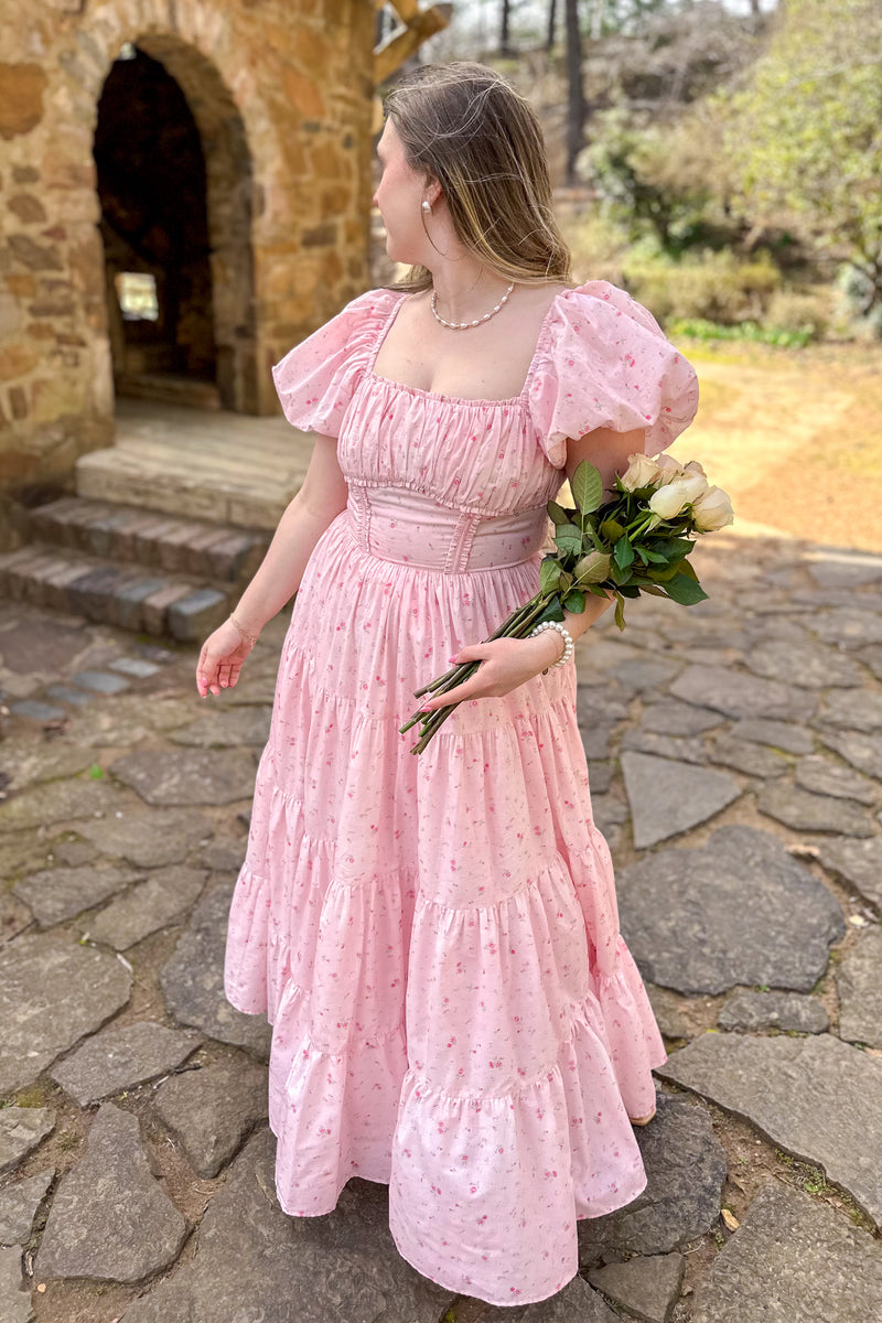 pink tiered dress with sleeves Tencel-Cotton Tie-Back Tiered Dress