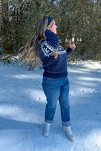 Load image into Gallery viewer, Navy Blue Sweater with Bows and Hearts side view