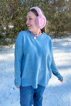 Load image into Gallery viewer, Light blue oversized sweater untucked close up view
