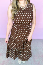Load image into Gallery viewer, Girl in a brown polka dot midi dress with a pink backdrop