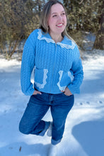 Load image into Gallery viewer, Blue lightweight knit jacket with lace Peter Pan collar and lace pocket outlines with zipper close up view