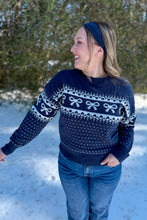 Load image into Gallery viewer, Navy Blue Sweater with Bows and Hearts Close Up