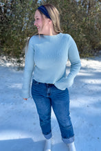Load image into Gallery viewer, Icy Blue Bell Sleeve Ribbed Knit Mockneck Top front view