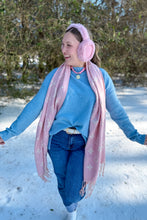 Load image into Gallery viewer, Light blue oversized sweater front tuck close up view