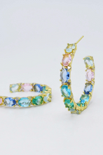 Load image into Gallery viewer, Colorful hoop earrings with gemstones on a light gray background