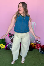 Load image into Gallery viewer, Girl wearing denim top and green polka dot barrel jeans.