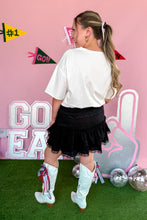 Load image into Gallery viewer, Red and White Hot Girls Love Football Oversized Tee and Black Lacy Ruffle Mini Skirt back view