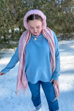 Load image into Gallery viewer, Light blue oversized sweater untucked close up view 
