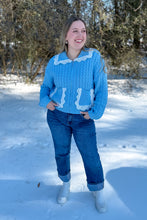 Load image into Gallery viewer, Blue lightweight knit jacket with lace Peter Pan collar and lace pocket outlines with zipper full body view 
