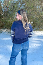 Load image into Gallery viewer, Navy Blue Sweater with Bows and Hearts back view
