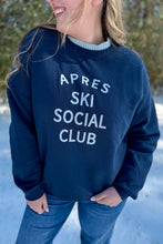 Load image into Gallery viewer, Navy Blue Apres Ski Social Club Sweatshirt close up 
