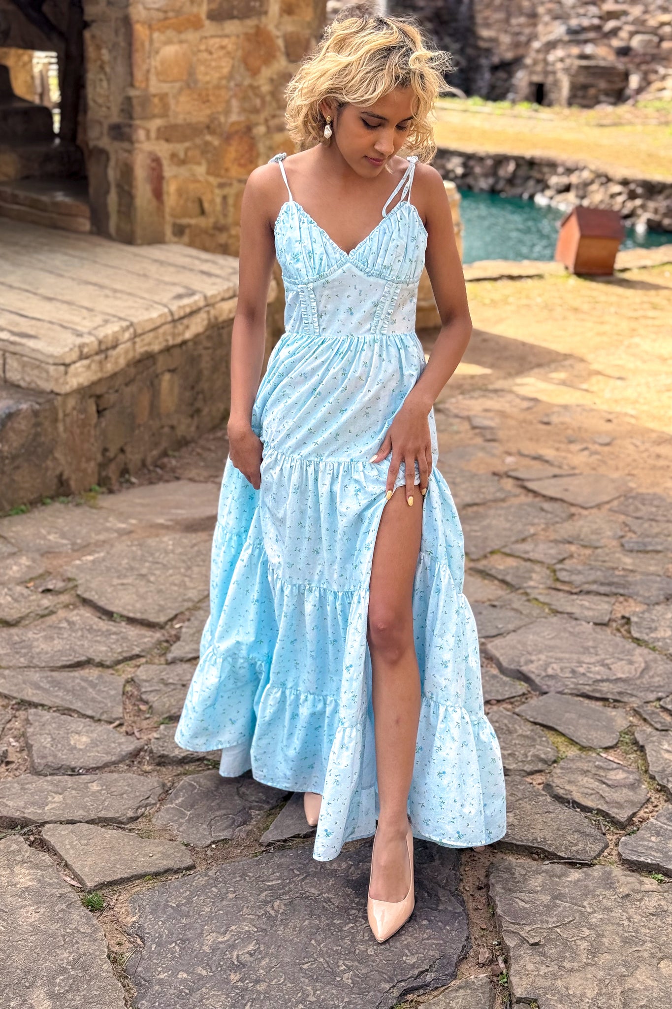 knee length dresses for ladies Blue Tie Waist Maxi Dress in Organic Viscose