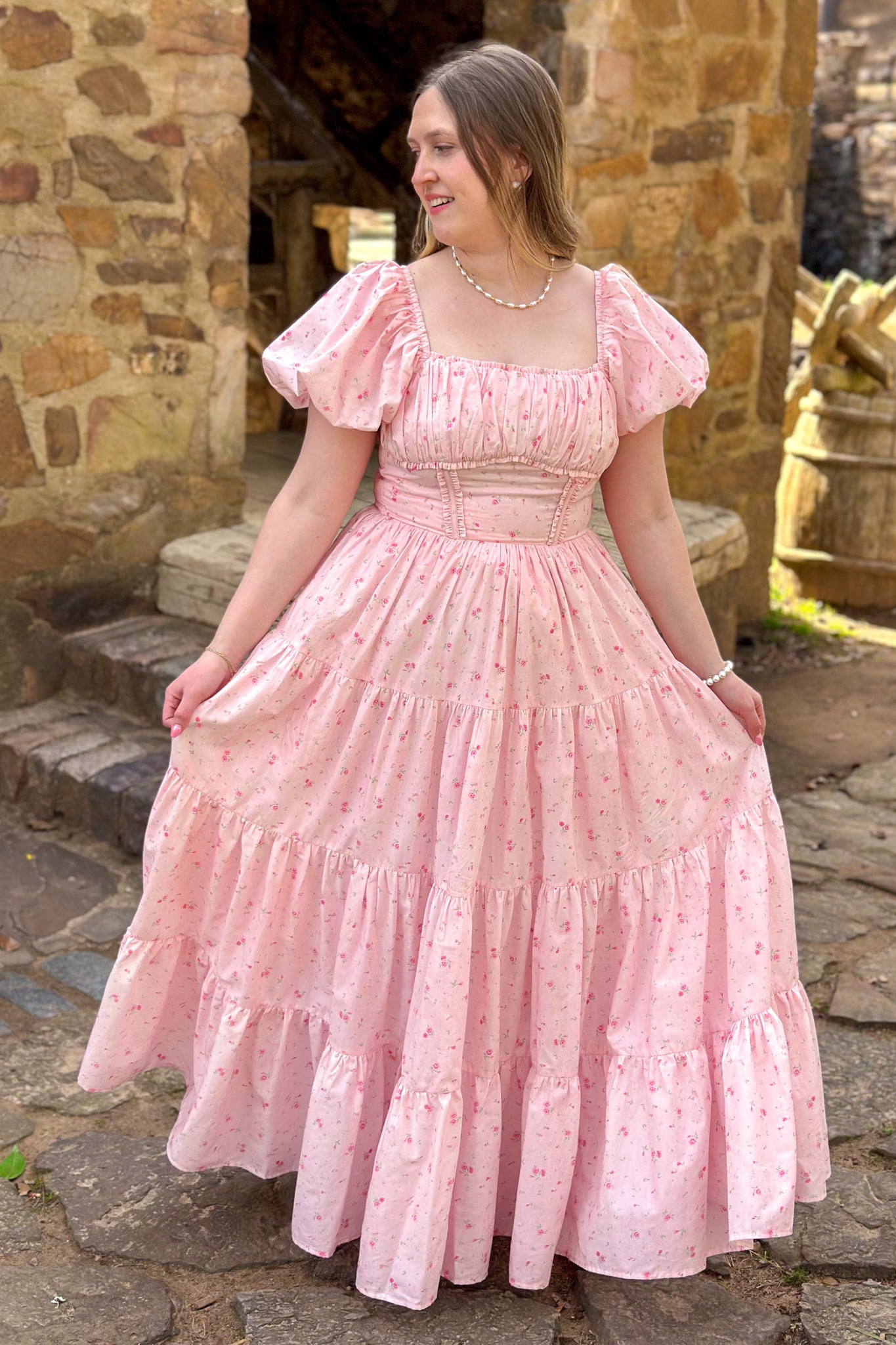 Amy Jane London Louella Pink Ditsy Floral Maxi Tiered Dress – The
