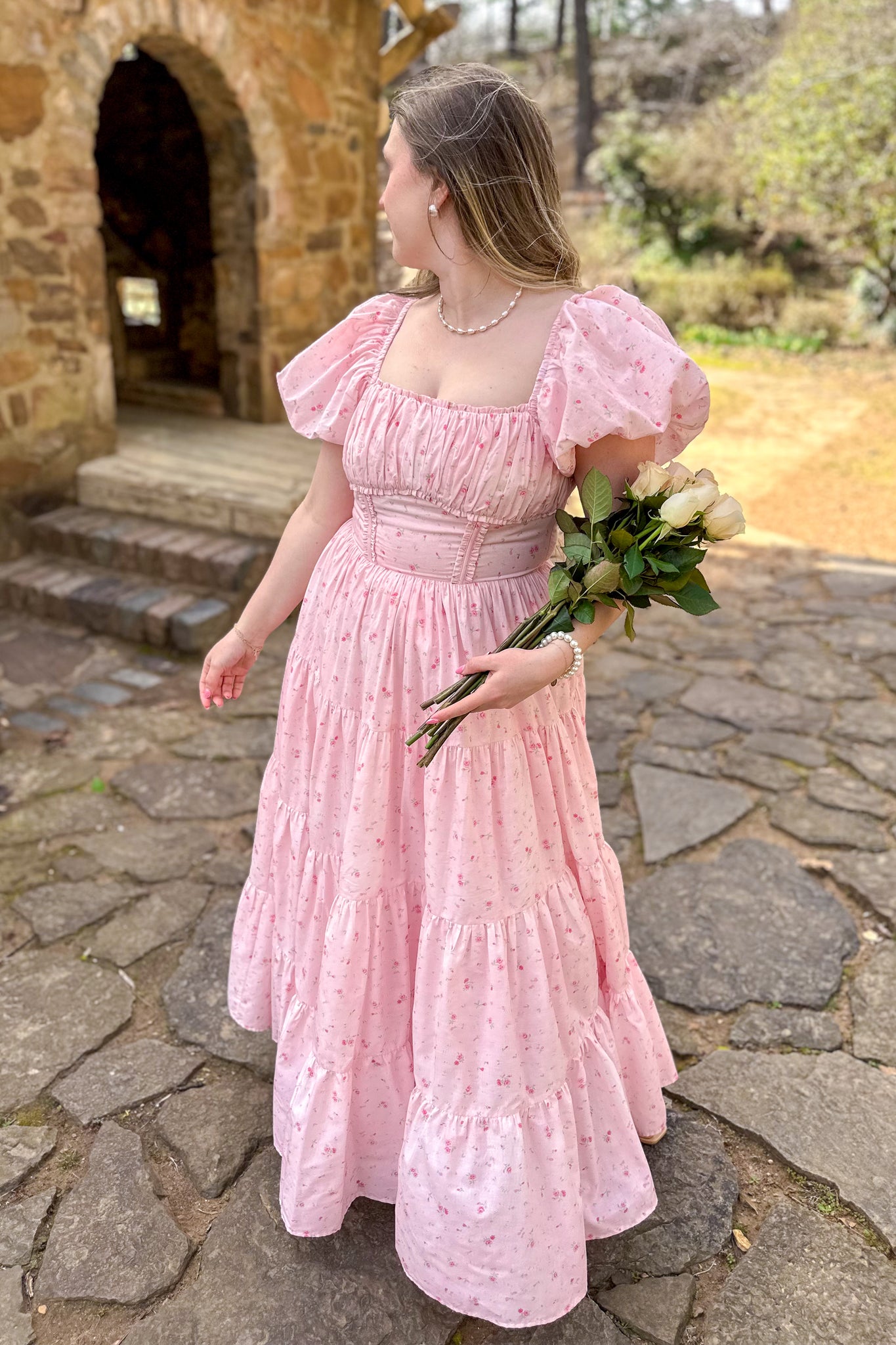 pink maxi tiered dress Reba Pink Floral Asymmetrical Ruffle Tiered Maxi Dress