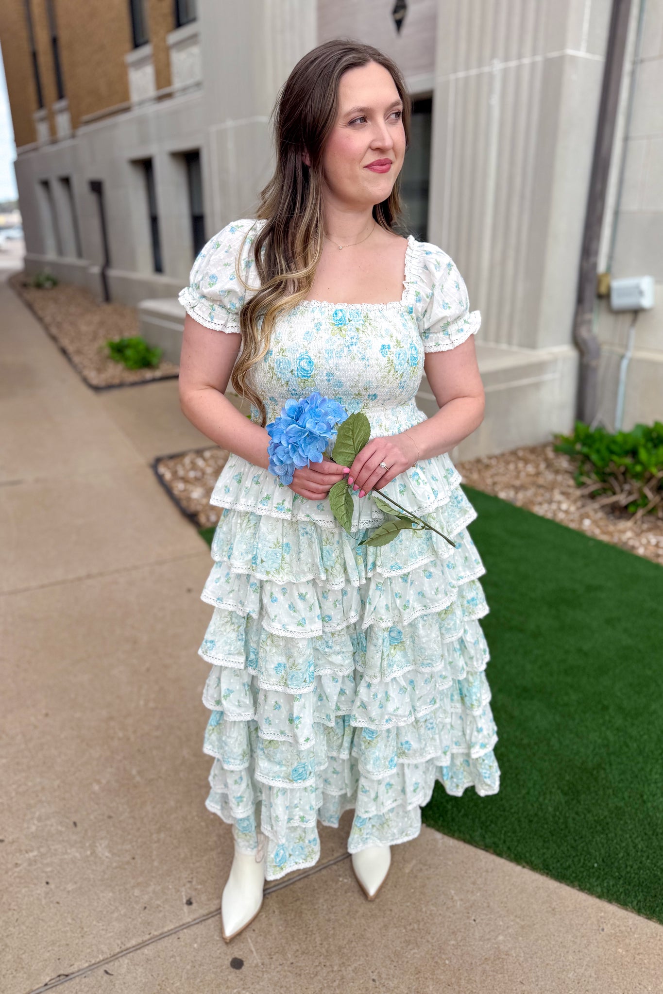 luna ruffle maxi dress Amy Jane London Luna Blue Ditsy Floral Ruffle Maxi Dress – The French Rose  Boutique