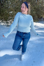 Load image into Gallery viewer, Icy Blue Bell Sleeve Ribbed Knit Mockneck Top full body view with arms out 
