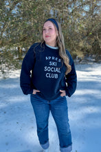 Load image into Gallery viewer, Navy Blue Apres Ski Social Club Sweatshirt hands in pocket 
