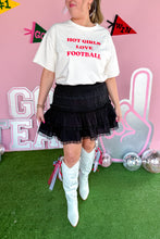 Load image into Gallery viewer, Red and White Hot Girls Love Football oversized Tee and Black Ruffle Mini Skirt with Lace front view
