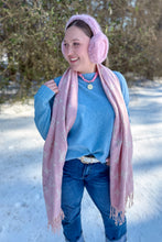 Load image into Gallery viewer, Light blue oversized sweater close up front tuck view 2
