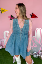 Load image into Gallery viewer, Denim Romper with pockets and front tie close up view
