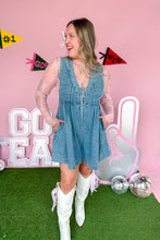 Load image into Gallery viewer, Denim Romper with pockets and front tie front view
