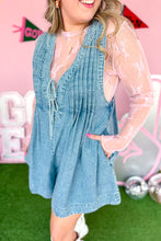 Load image into Gallery viewer, Denim Romper with pockets and front tie  close side view
