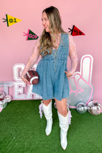 Load image into Gallery viewer, Denim Romper with pockets and front tie front view
