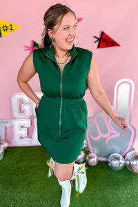 Green Zipper Mini Dress with collar front view