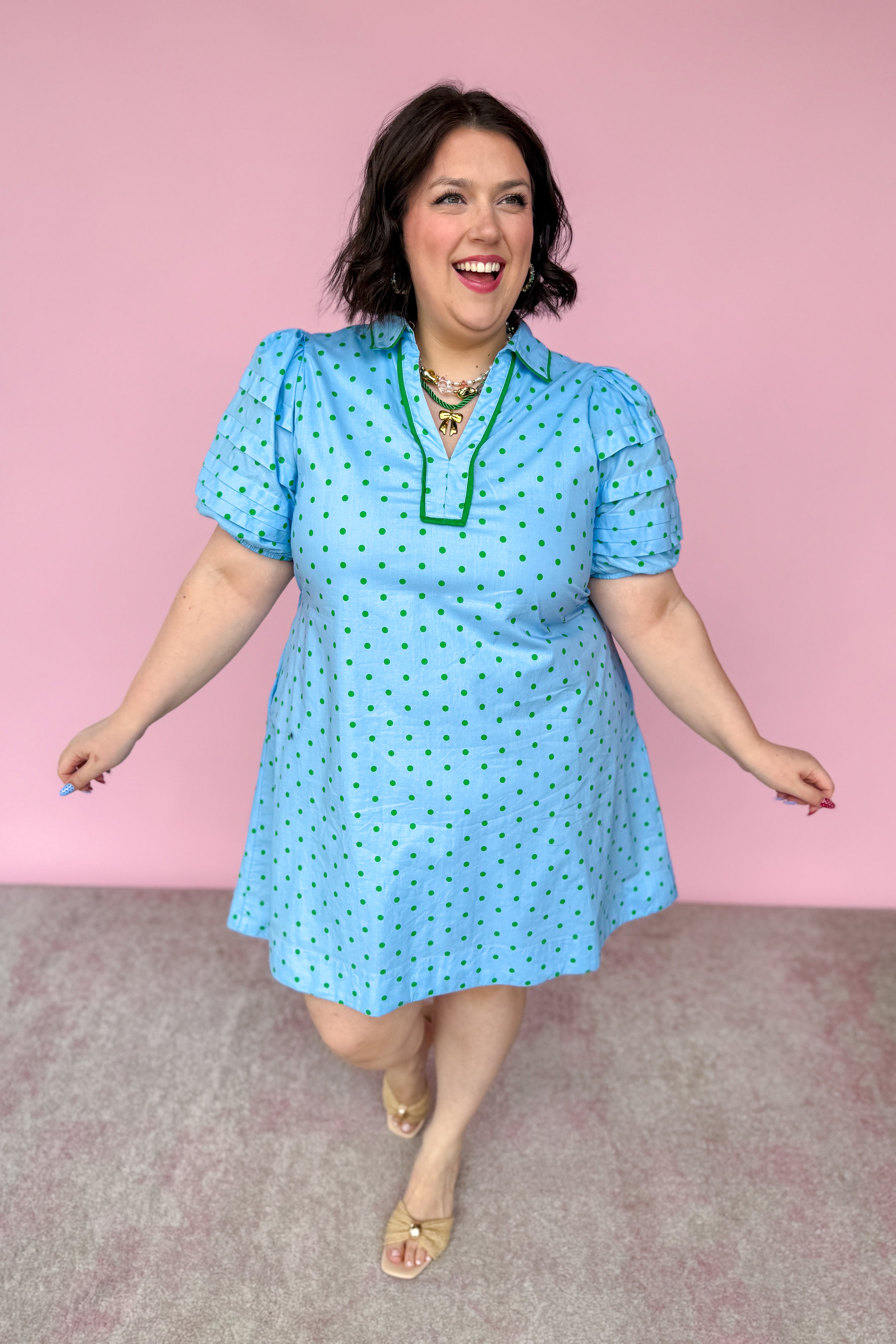 Dove Blue & Green Polka Dot Mini Dress- Entro – The French Rose Boutique