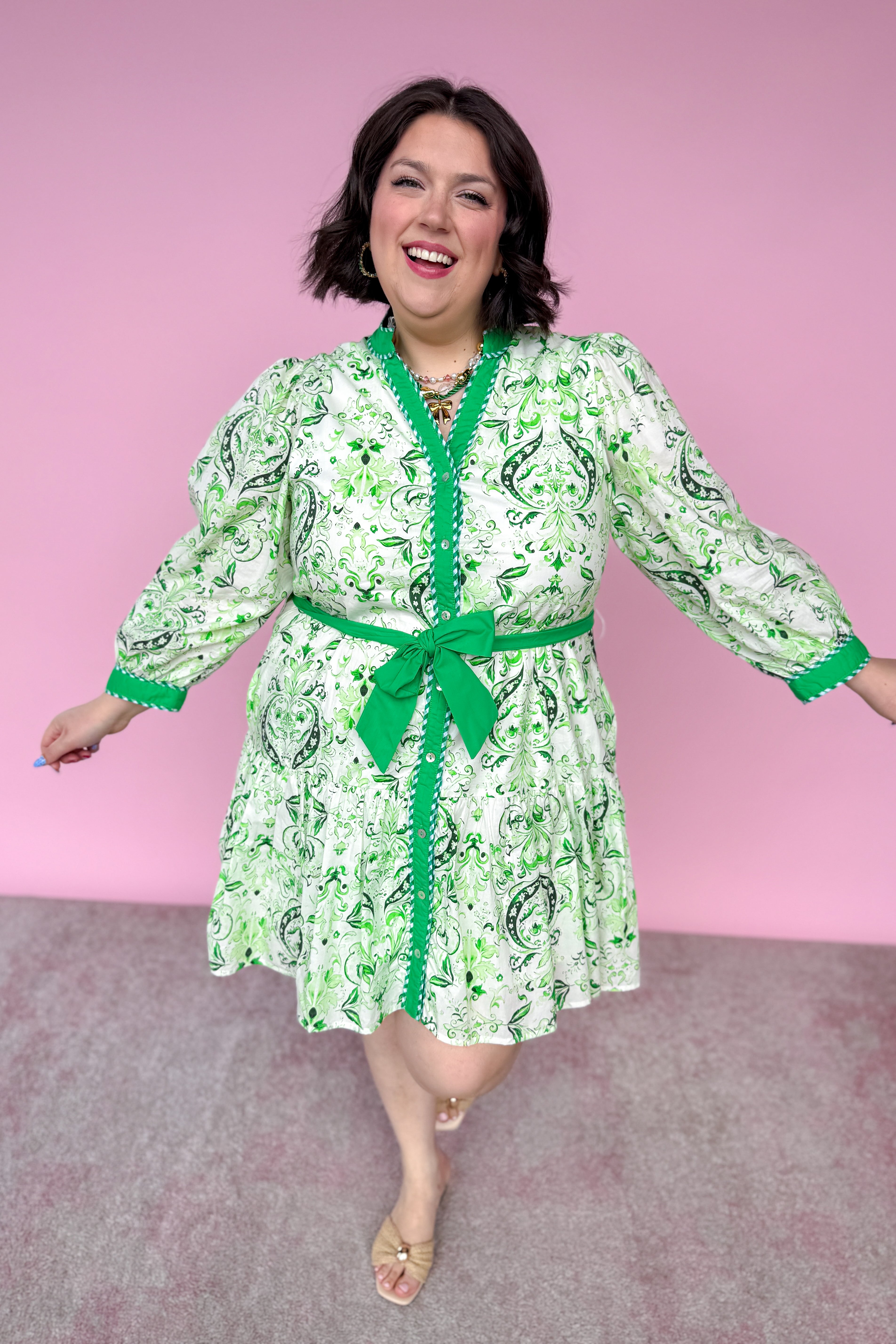 Apple Green Printed Tie Mini Dress- Entro – The French Rose Boutique