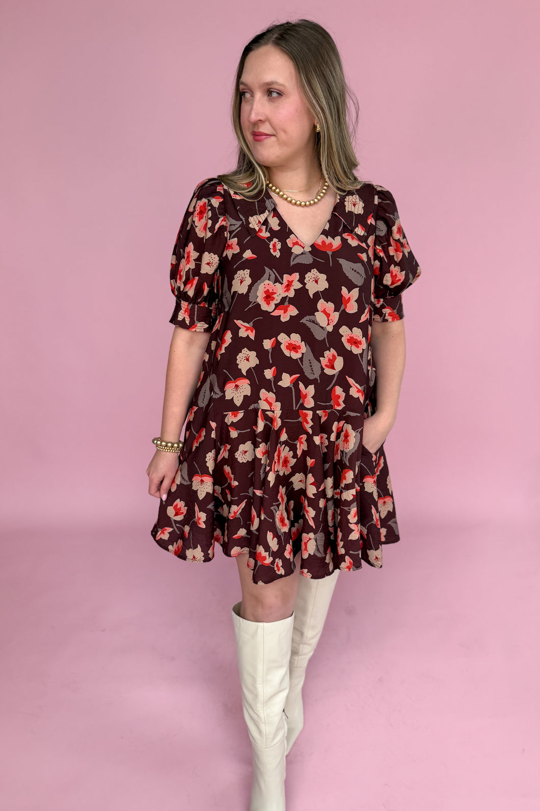Addison Brown Floral Mini Dress- Entro – The French Rose Boutique