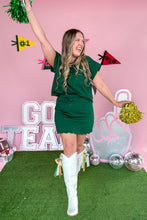 Load image into Gallery viewer, Hunter Green Entro Scalloped Skirt Set top with buttons full body front view
