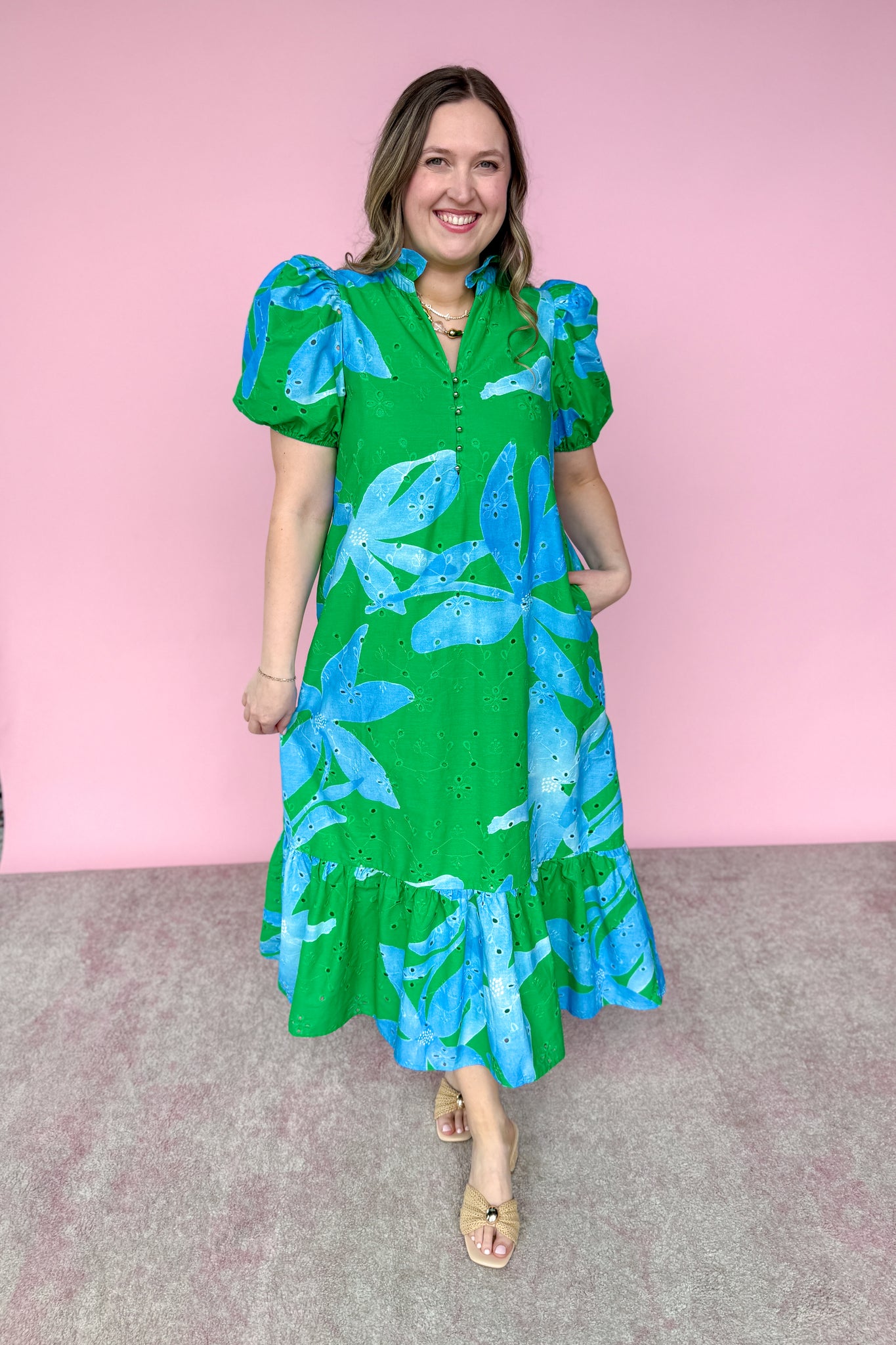 Mere Green & Blue Eyelet Midi Dress- Entro – The French Rose Boutique
