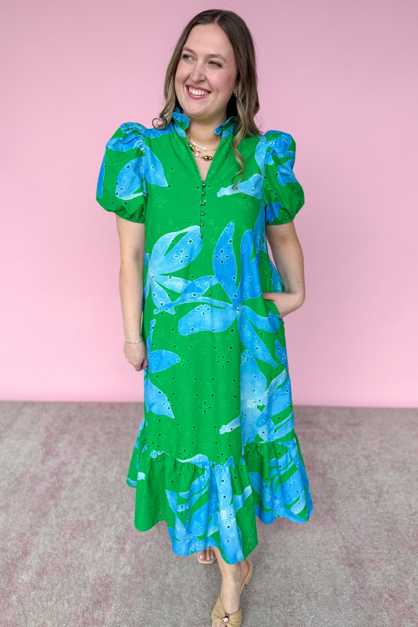 entro blue floral dress Mere Green & Eyelet Midi Dress- – The French Rose Boutique Black Blazers Gucci Women's Black V-Neck this relaxed swing silhouette Size:32W30L
