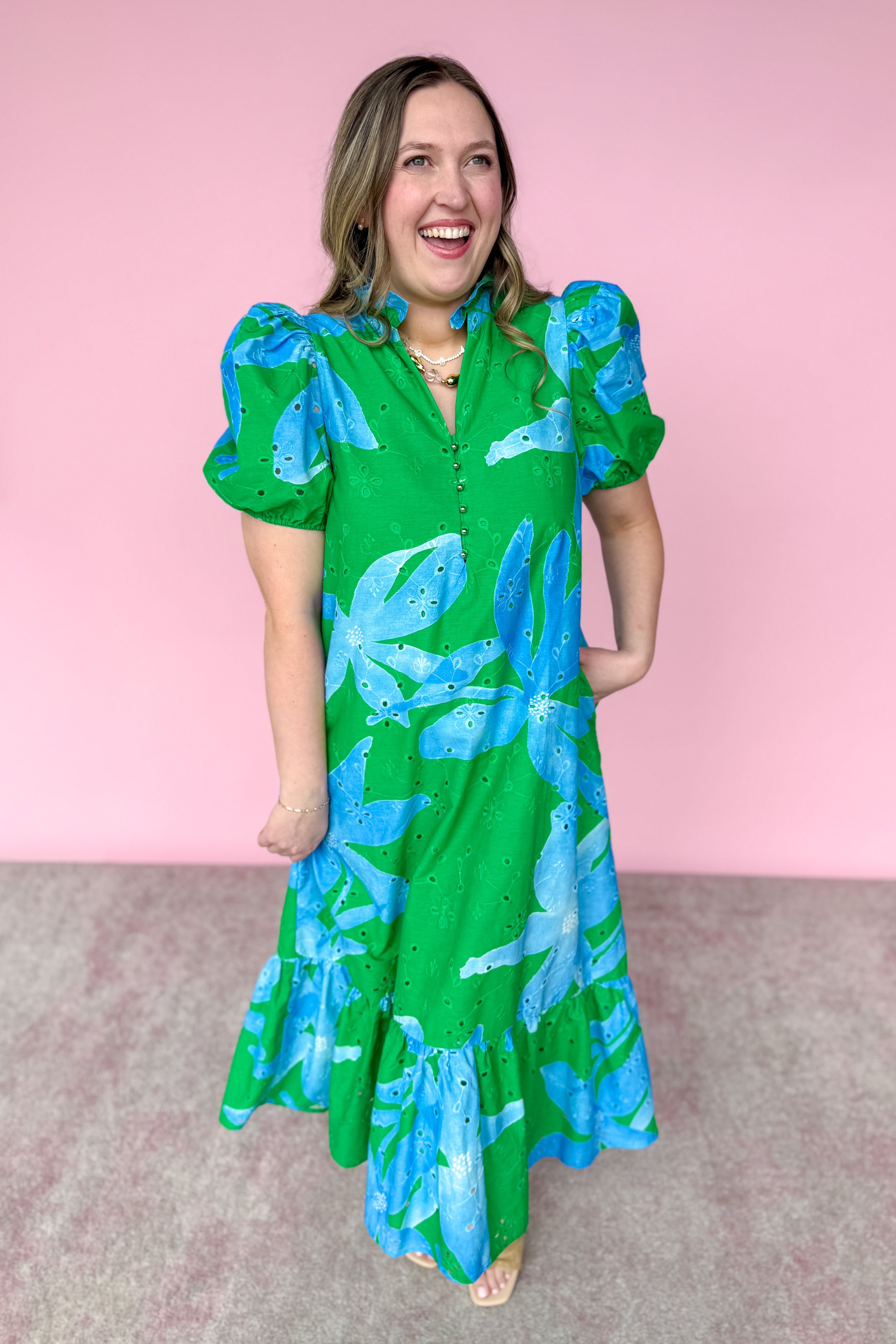 Mere Green & Blue Eyelet Midi Dress- Entro – The French Rose Boutique