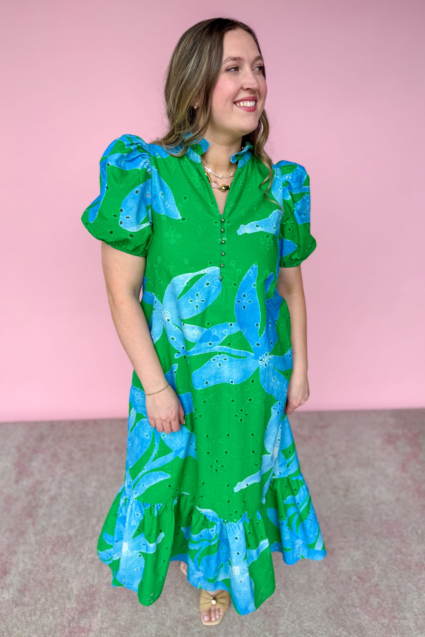 Mere Green & Blue Eyelet Midi Dress- Entro – The French Rose Boutique