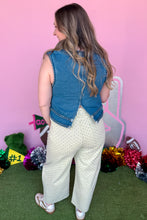 Load image into Gallery viewer, Girl wearing denim top and green polka dot barrel jeans.
