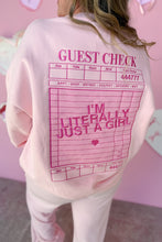 Load image into Gallery viewer, Girl in a pink sweatshirt that says I’m Literally Just a Girl on a guest check and pink knit pants standing in front of a pink heart wall Back view

