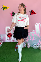 Load image into Gallery viewer, Red and White Hot Girls Love Football Oversized Tee and Black Lacy Ruffle Mini Skirt front view 
