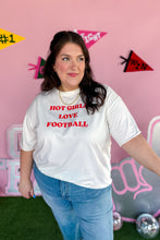 Load image into Gallery viewer, Red and White Hot Girls Love Football Oversized Tee and Black Lacy Ruffle Mini Skirt model 2 front view
