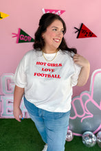 Load image into Gallery viewer, Red and White Hot Girls Love Football Oversized Tee and Black Lacy Ruffle Mini Skirt model 2 front view
