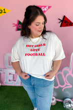Load image into Gallery viewer, Red and White Hot Girls Love Football Oversized Tee and Black Lacy Ruffle Mini Skirt model 2 front view
