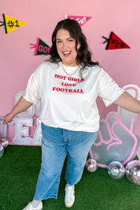 Red and White Hot Girls Love Football Oversized Tee and Black Lacy Ruffle Mini Skirt model 2 front full view