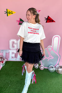 Red and White Hot Girls Love Football Oversized Tee and Black Lacy Ruffle Mini Skirt front view