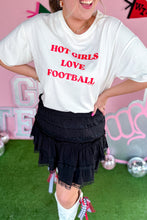 Load image into Gallery viewer, Red and White Hot Girls Love Football Oversized Tee and Black Lacy Ruffle Mini Skirt close up view
