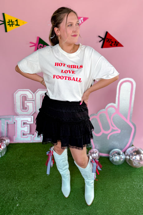 Red and White Hot Girls Love Football Oversized Tee and Black Lacy Ruffle Mini Skirt Front View