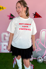 Load image into Gallery viewer, Red and White Hot Girls Love Football Oversized Tee and Black Lacy Ruffle Mini Skirt untucked front view
